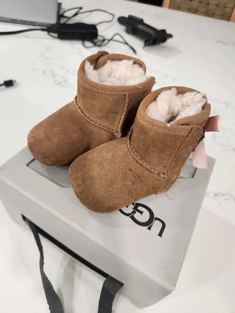 UGG Baby Chestnut Suede Booties with Pink Bows